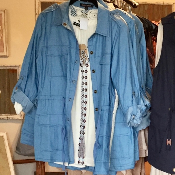 Jealous Tomato Utility Jacket/Top Ivory Lace Back Snap Front Blue Small - Picture 8 of 9